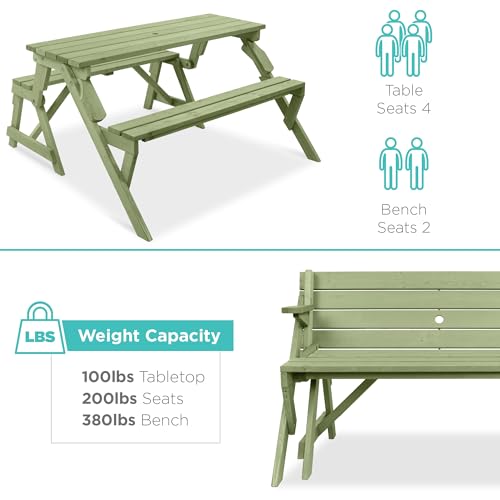 Image of Best Choice Products 2-in-1 Transforming Interchangeable Outdoor Wooden Picnic Table Garden Bench for Backyard, Porch, Patio, Deck w /Umbrella Hole - Sage Green