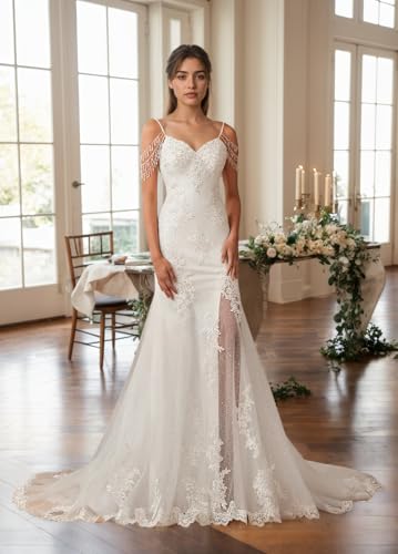 Off Shoulder Tulle Wedding Dresses for Bride 2025 Mermaid Laces Applique V Neck Spaghetti Straps Bridal Gown with Train2