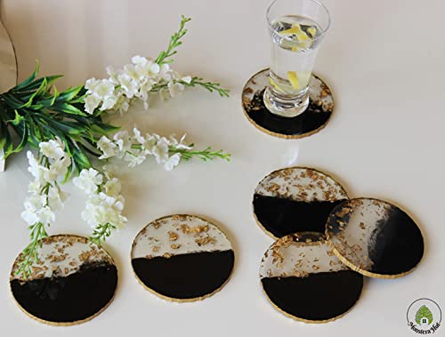 Monstera Hut ® Round Midnight Black Transy Resin Coaster|(10 cm) | 4 Inch |Set of 6 | Resin Coaster for Tea, Coffee Table & Dining Table with Metal Holder