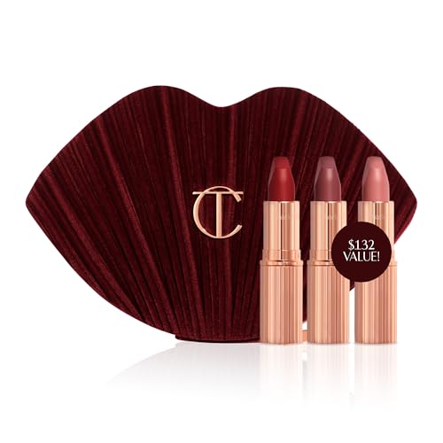 Charlotte Tilbury Hot Lips Lipstick Trio Gift Set - 3 Full-Size Matte Revolution Lipsticks with Iconic Hot Lips Makeup Bag - Holiday Beauty Gift Set with Red Carpet Red, Pillow Talk & M.I. Kiss
