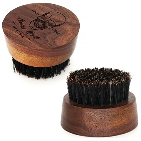 Menesia Boar Bristle Hair Beard Brush for Men, Small and Round Black Walnut Wood Beard Brush, Pocket Travel Men's Wooden Mustache Brush (Skull) Cover