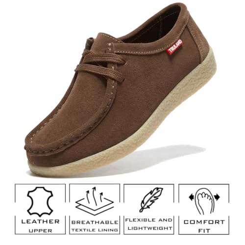Image of TRULAND Leather Oxford Shoes for Women - Suede Lace Up Moc Toe Low Platform Flat Wallabees Shoes