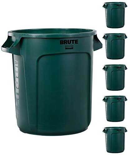 Image of Rubbermaid Commercial Products BRUTE Heavy-Duty Round Trash /Garbage Can, 10-Gallon, Green, Outdoor Waste Container for Landscapers /Construction /Restaurants /Back of House /Offices /Warehouses, Pack of 6
