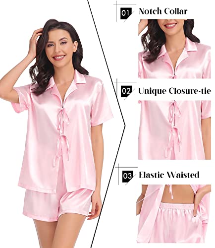 Swomog Womens Silk Satin Pajamas Sets Short Sleeve Sleepwear Tie Front Pjs Sets Two-Pieces Loungewear #TOP2