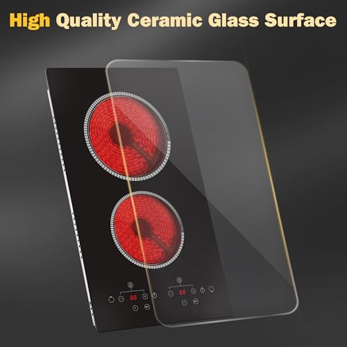 Image of 2 Burner Electric Cooktop, 12 Inch Electric Stove Top, 120V Double Burner Countertop Stove 2000W with Timer & 9-Level Adjustment, Sensor Touch Control, Child Lock, Built-in Radiant Cooktop Pladeca