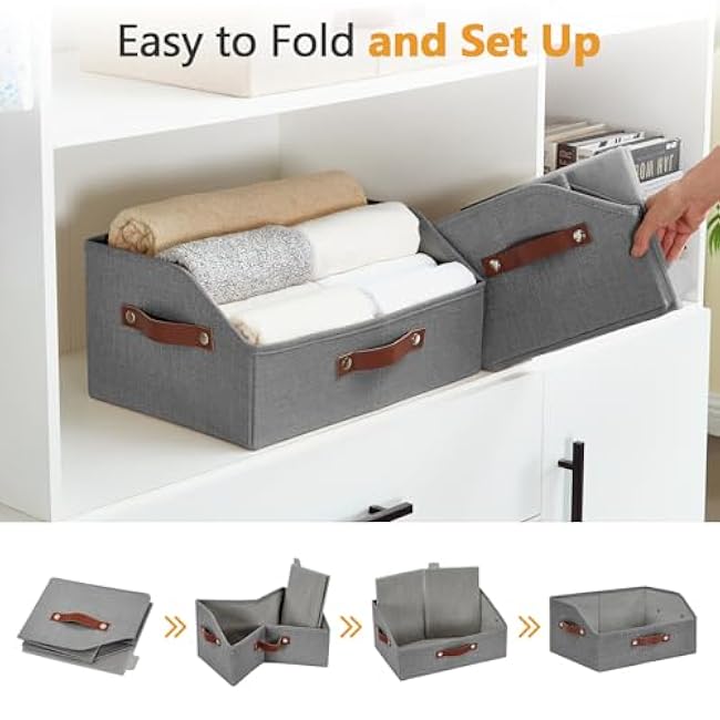 Closet Organizers and Storage, Linen Trapezoid Storage Bins with Handles, Collapsible Shelf Organizer for Blanket, Towel, Clothes, Hats, Purse (Gray)