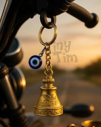 Image of Tiny Tim Guardian Bell with Evil Eye Charm - Protective Motorcycle & Car Accessory - Tibetan-Inspired Design - Wards Off Negative Energy - Ideal Gift for Bikers & Travelers