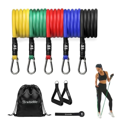 Image of Wiselife Multi-Level Resistance Tube Band Set with Sturdy Foam Handles, Door Anchors, Ankle Strap & Carrying Bag for Exercise, Stretching, Home Gym & Strength | Full Body Workout Upto 150 lbs
