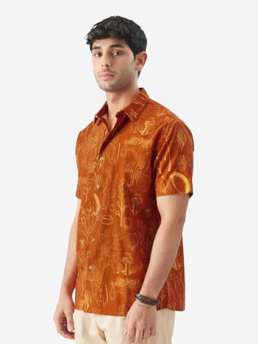 Image of The Souled Store Tropical Beat Men and Boys Short Sleeve Collared Neck Regular Fit Button Down Orange Printed Shirts