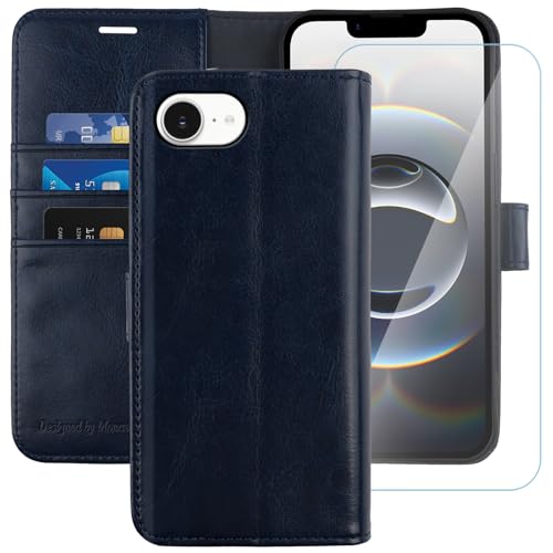 Étui en cuir iPhone 16E 5G MONASAY haut de gamme bleu avec vitre écran