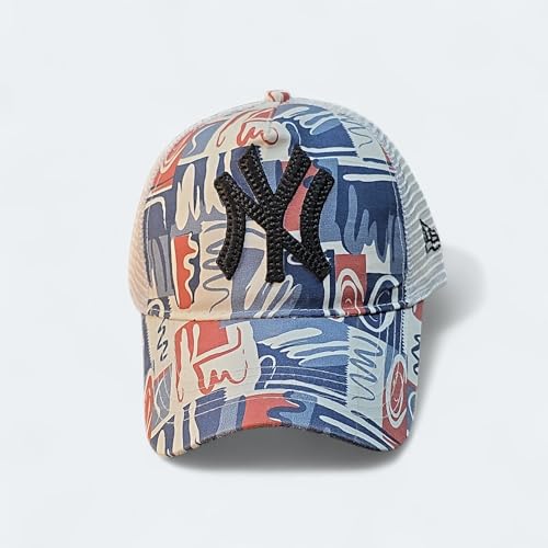 Image of Cotton Net Trucker Cap, Abstract Print, Blue and Red Pattern, Mesh Back