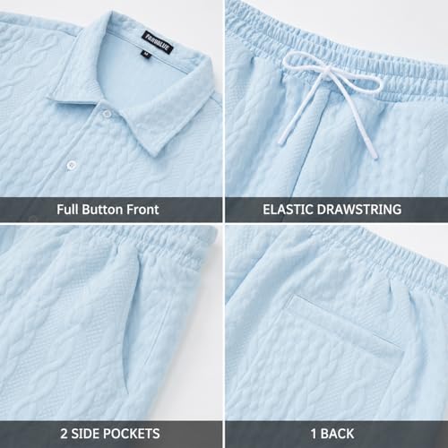 Image of FARVALUE Men Raised Texture 2 Piece Set Short Sleeve Button Down Shirt & Drawstring Pocket Shorts Summer Beach Casual Outfit