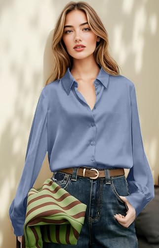 Image of Premium Soft Breathable Stretch Satin Silk Button Down Shirts for Women Long Sleeve Leopard Blouses Work Dress Tops