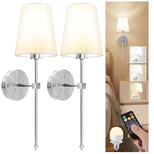 LGMCF Battery Operated Wall Sconce Set of 2, Rechargeable Wall Lights with 5000mAh Detachable Charging Bulbs and Remote, 3 Color Dimmable Wireless Sconces for Bedroom Living Room Hallway, Silver