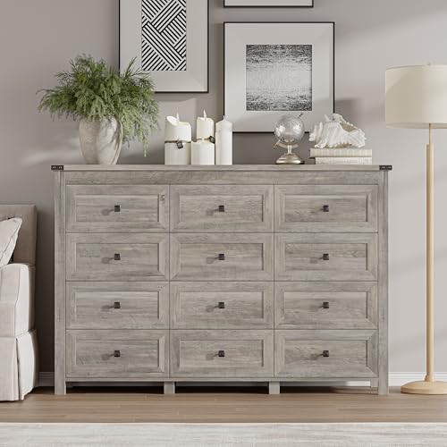 Image of BORNOON 12-Drawer Dresser, Modern Wooden Storage Chest of Drawers, Dresser TV Stand, Wood Drawer Organizer with Metal Handles for Bedroom, Living Room, Hallway