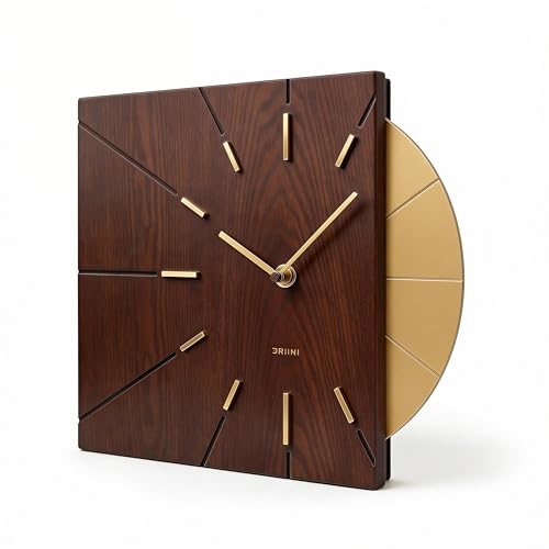 Driini Clocks Mid Century Modern Wall Clock - Square Wood Clock with Decorative Gold Accent- Unique and Cool Clock Battery Operated - MCM Decor & Decorative Wall Clock for Mid Century Modern Decor.