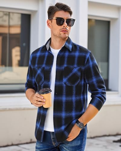 Image of WARHORSEE Flannel Shirt for Men Long Sleeve Button Down Plaid Shirts | Soft Cotton Blend for Multi-season Wear, Lightweight yet Warm, Dual buttoned storage pockets, Machine Washable Easy Care