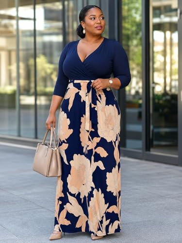 Image of Women's V Neck Floral Maxi Dress 3 /4 Sleeve Plus Size Boho Wrap Flowy Long Dresses with Belt