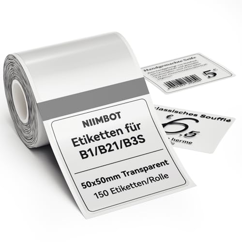 NIIMBOT Etiketten Selbstklebender Etikettenband für B1 B21 B3S Etikettendrucker, 50 x 50mm 150 Etiketten/Rolle, 1 Rolle Thermo-Etikettenband für Supermärkte, Einzelhandel, Büro, Transparent NIIMBOT Etiketten Selbstklebender Etikettenband für B1 B21 B3S Etikettendrucker, 50 x 50mm 150 Etiketten/Rolle, 1 Rolle Thermo-Etikettenband für Supermärkte, Einzelhandel, Büro, Transparent