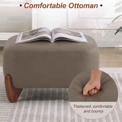 Image of WUTUTUEE 28.7 inch Faux Leather Ottoman with Solid Wood Legs, Modern Upholstered Footstool, Comfy Ottoman for Living Room, Bedroom, Tan