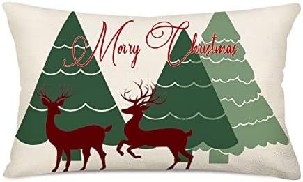 Fukeen Merry Christmas Tree Pillow Covers Green Red Xmas Trees Reindeer Throw Lumbar Pillow Covers Outdoor Winter Holiday Happy New Year Pillowcase 12x20 Inch for Sofa Farmhouse Decoration