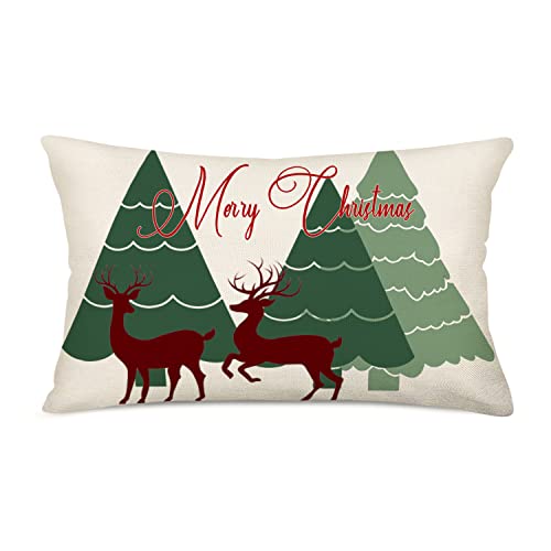 Fukeen Merry Christmas Tree Pillow Covers Green Red Xmas Trees Reindeer Throw Lumbar Pillow Covers Outdoor Winter Holiday Happy New Year Pillowcase 12X20 Inch For Sofa Farmhouse Decoration #TOP3