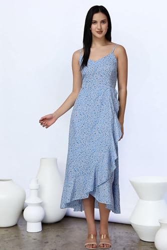 Image of POPWINGS Casual Floral Printed Midi Frill Strap Dress for Women || Sleeveless Midi-Length Women Dress || V-Neck Maxi Dress for Women || Stylish Western Summer Women Dress