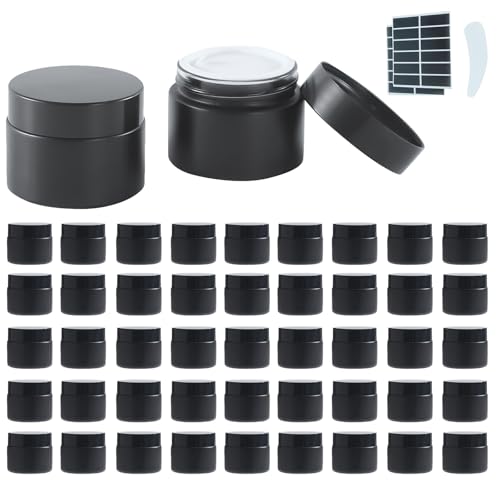 2Oz Small Glass Jars with Lids, 45Pack Lotion Container, Cosmetic Containers, Little Travel Jars for Creams with Mini Spoon, Black Label (Matte Black)