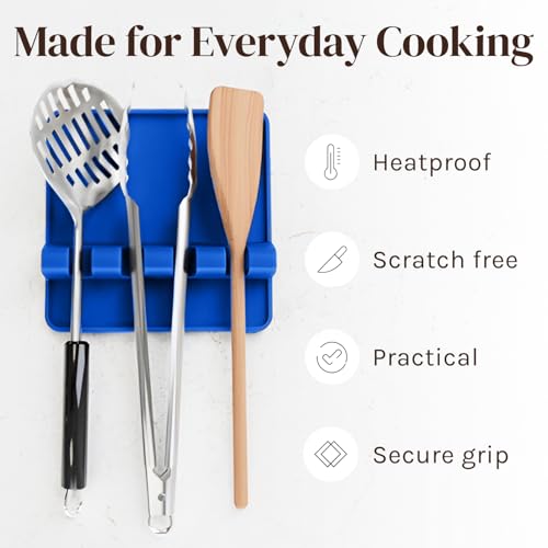 Image of Cooler Kitchen Blue Silicone Spoon Rest for Stove Top with Drip Pad (Two Pack) - Heat Resistant BPA Free Utensil Rest & Spoon Holder for Kitchen Counter - Grill Utensil Holder - Spatula Holder