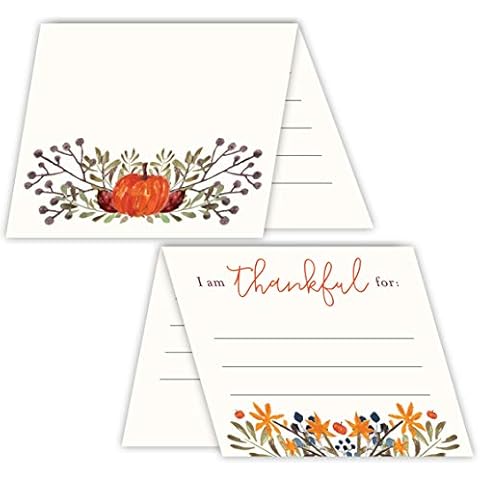 Koko Paper Co 2 in 1 Pumpkin Harvest Thanksgiving Place Cards and Fill-in Gratitude Cards (50 Count) | Printed on Heavy Card Stock | No Holder Necessary Cover