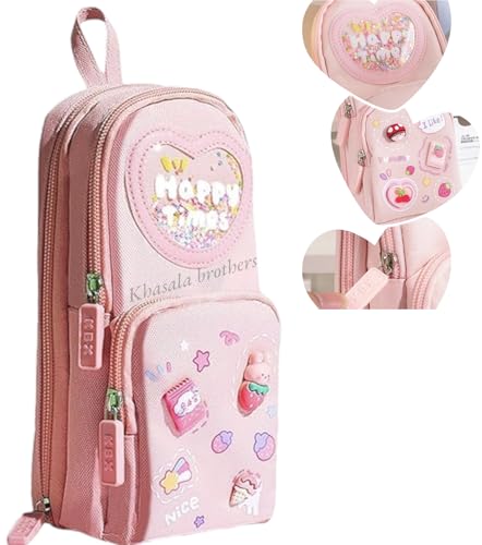 Image of Khasala Brothers Stylish Pencil Case 6 Layer with 3 Compartment Large Capacity Pen Pencil Pouch Multifunctional Pouch for School Kids Stationary Gift for Child (Happy Pencil Pouch Pink)