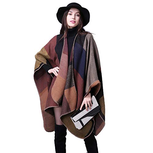 heekpek-Damen-Poncho-Cape-uebergrosser-Winter-XXL-Damen-Schal-Langer-Hochwertiges-Reversible-Cape-Poncho-Patchwork-Design-Deckenstoffschaln-Schalcape-Herbstschal-Winterschal-Karo-Tartan-Plaid