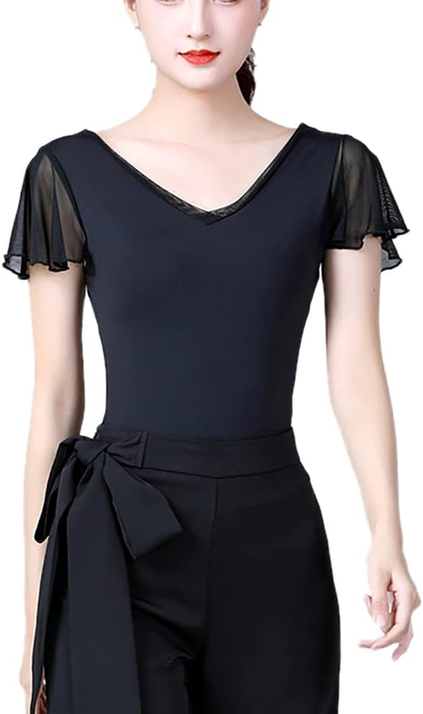 Whitewed Women Adult Short Frill Sleeves V Front V Back Latin Ballroom Dance Tops T Shirts