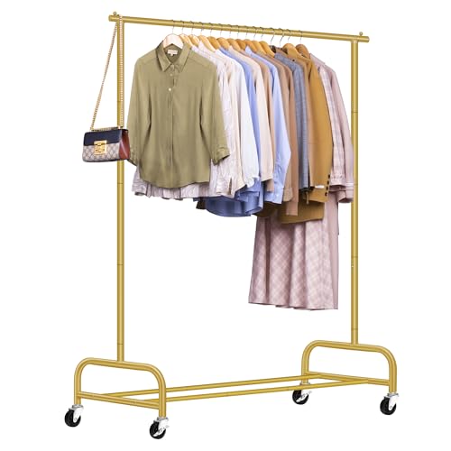 SLEEPING LAMB Heavy Duty Clothes Racks for Hanging Clothing Rack, 43" Wide Rolling Garment Rack Metal Wardrobe Rack with Wheels Closet Hanger Rack for Coats, Shirts, Dress (Gold)