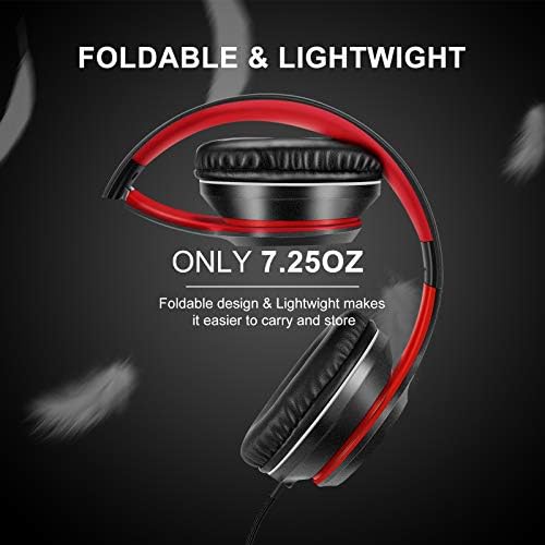LORELEI X8 Over-Ear Wired Headphones with Microphone with 1.45m-Tangle-Free Nylon Line&3.5mm Plug,Lightweight Foldable & Portable Headphones for Smartphone,Tablet,Computer,Mp3/4(Black-red) 3