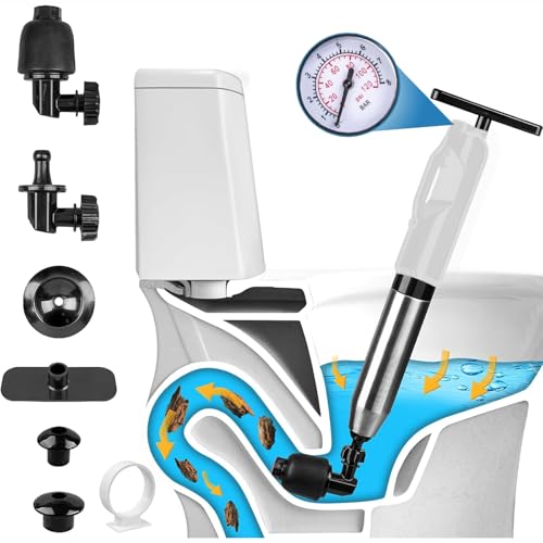 Wenbones Déboucheur WC ventouse haute pression 2e – baromètre, 3 têtes et gonfleur, 4 accessoires – pour évier, baignoire et douche – Blanc