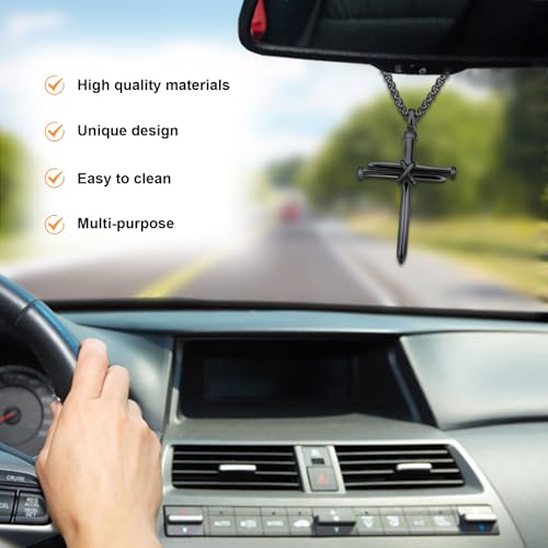 2PCS Nail Cross Pendant for Men, Hanging Cross Car Rearview Mirror Hanging Chain with 3 Nail, Stainless Steel Religious Cross Decoration(Black)3