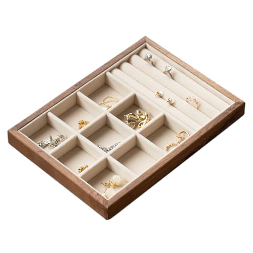 MIGAKU HOME 9 Grid +3 Line Black Walnut Wooden Jewelry Tray Organizer with Velvet Lining - Premium Jewelry Storage for Rings, Earrings, Brooches, LuxuryJewelry Drawer Organizer & Display Tray