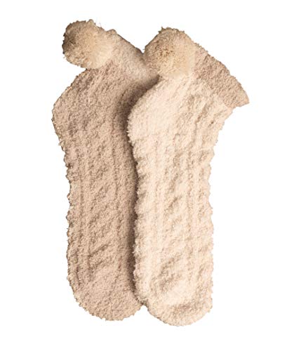 Lemon Women's 2-Pack Cable Pom Foam No Show Socks, White Sand, One Size