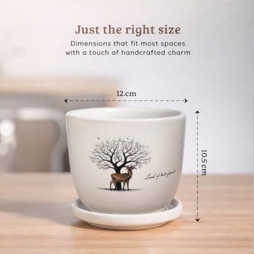 Image of Urban Upvan Tree Design Printed Ceramic Pot with Tray - Premium Decorative Planter for Indoor & Outdoor Plants, Modern Elegant Flower Pot for Home, Garden & Office