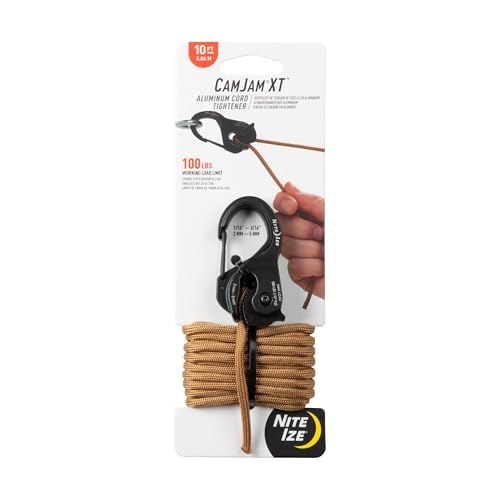 Nite Ize CamJam XT Aluminum Rope Tightener - Adjustable Rope System for Camping & Hiking Gear - Carabiner Clip & Cam-Locking Mechanism - Rotatable Cam Design - Lightweight & Durable - Coyote