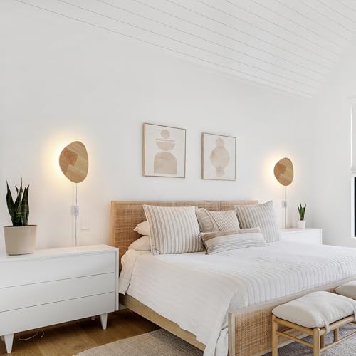 Image of Modern Minimalist Plug in Wall Sconces, 9.4'' Plug-in Or Cordless Wood Backlight LED Wall Lamp, 12W, 1100LM Warm White Brightness Wall Light Fixtures for Bedroom, Living Room Wall Decor