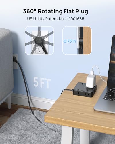 Image of TROND 360 Rotating Flat Plug Power Strip, 5FT Flat Extension Cord with Multiple Outlets 4 USB (2 USB C), Wall Mount Surge Protector 1440 Joules for Home Office Travel Dorm Room Essentials, Black