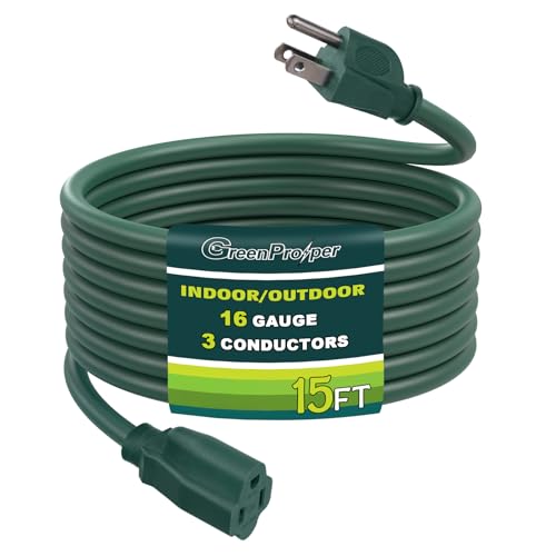 GreenProsper 15 Ft Indoor Outdoor Green Extension Cord 16 Gauge Waterproof Electrical Power Cable 16/3 SJTW 3 Prong Grounded Plug 13A 1625W UL Listed