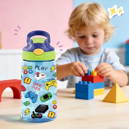 Image of 14oz Gamer Kids Water Bottle with Straw Lid - Cool Games Water Bottles for Kids, Leakproof, Lightweight, Durable Plastic Bottles for School, Pop-Up Straw Cover, Gift Cup for Girls Boys(Gamer)