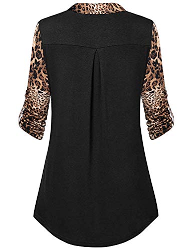 Leopard Print Tops For Women Ladies V Neck 3/4 Sleeve Dressy Colorblock Business Casual Tunic Tee Shirts And Blouses Clothing Black M #TOP2