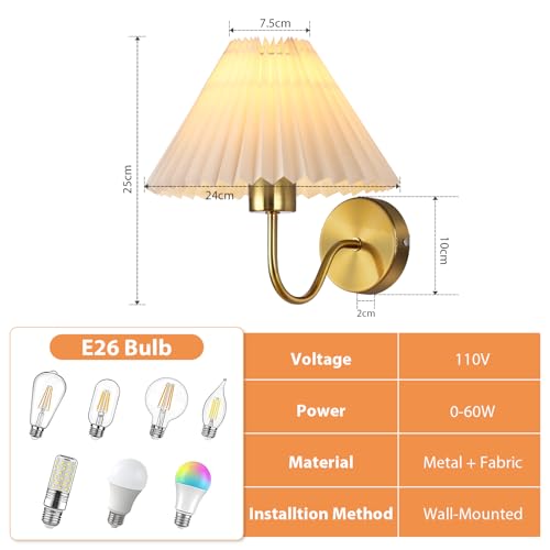 Image of Gold Wall Sconces Sets of 2, Indoor Wall Light Fixtures with Fabric Lampshade, Pleated Fabric Wall Lamp Dresser Hardwired Lamp Wall Lighting Fixture for Bedroom Living Room Porch Dining Room