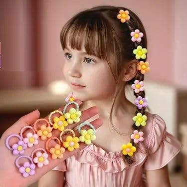 Image of NEOBABY Colorful Flower Design Elastic Hair Bands - Rubber Bands & Hair Accessories for Baby Girls, Toddlers, Kids, and Women (Assorted, Pack of 12 Pairs)