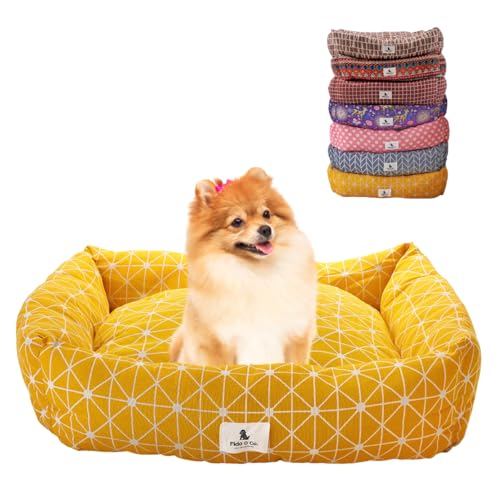 Fido And Co & Co. Dog Bed - Small & Medium Dogs - Extra Soft & Comfortable 100% Linen - Washable Puppy Mat for Crate or Car Canine Cooling Accessories for Pets Furniture for Dogs Cats (Yellow Small)