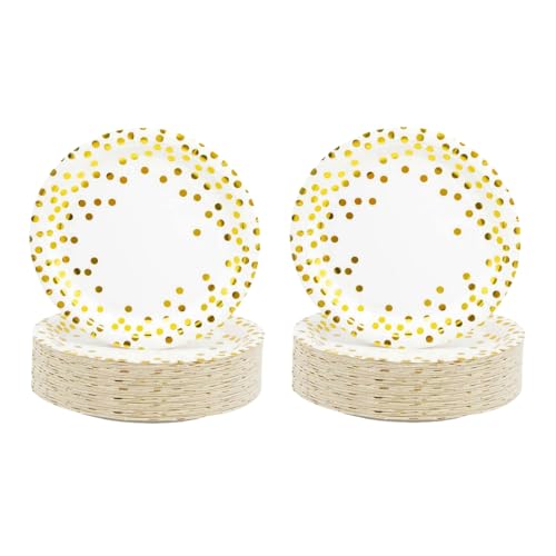 CEILIWEN Lot de 100 assiettes en carton blanc et doré, assiettes en carton à pois de 17,8 cm, assiettes de fête en carton (assiettes blanches et dorées)